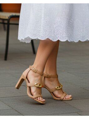Gold Chain Accent Nude High Heel Sandals With Buckle Strap